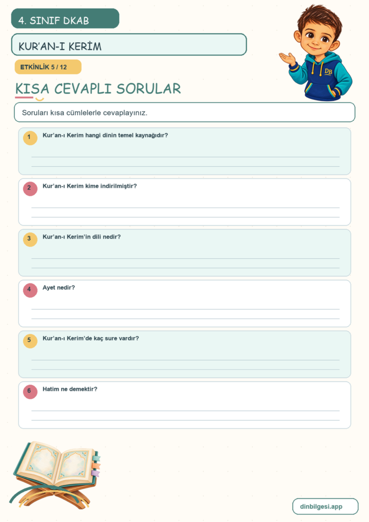 4. Sınıf Din Kültürü – 2. Ünite İslam’ı Tanıyalım – 3. Konu Kur’an-ı Kerim Konu Özeti ve Etkinlik 5