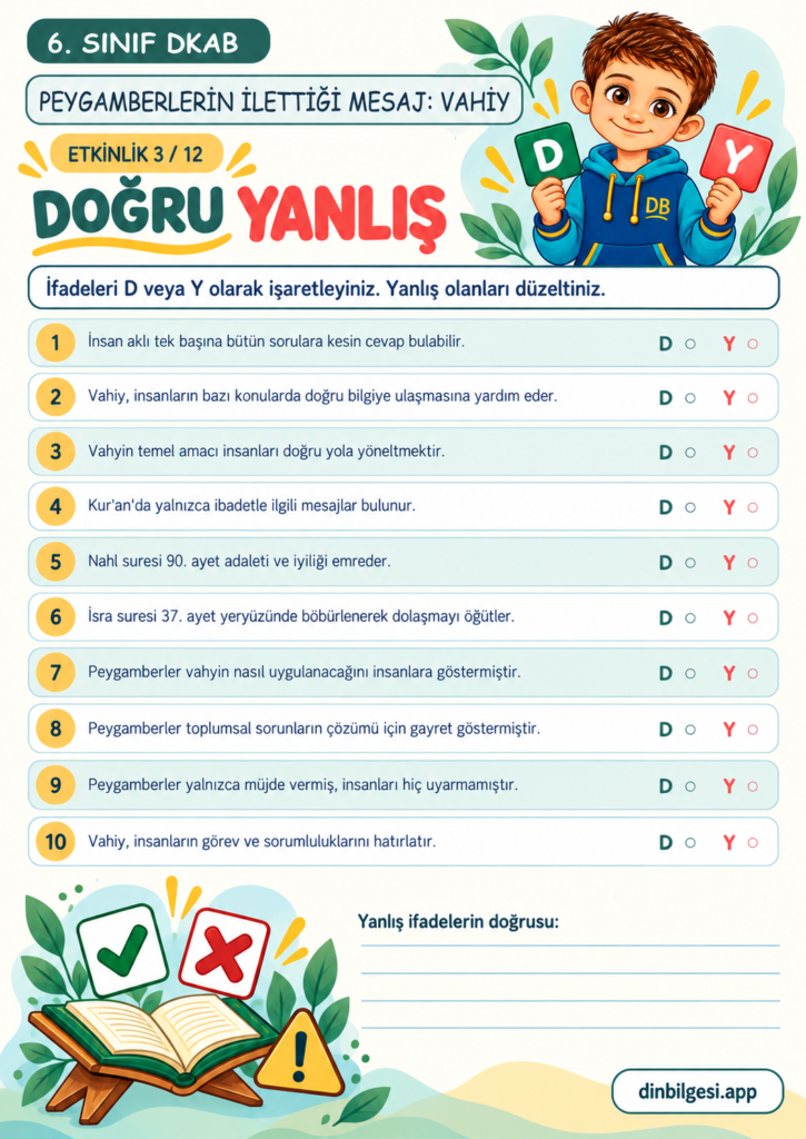 Peygamberlerin İlettiği Mesaj: Vahiy – Doğru Yanlış Çalışma Kağıdı – 6. Sınıf DKAB