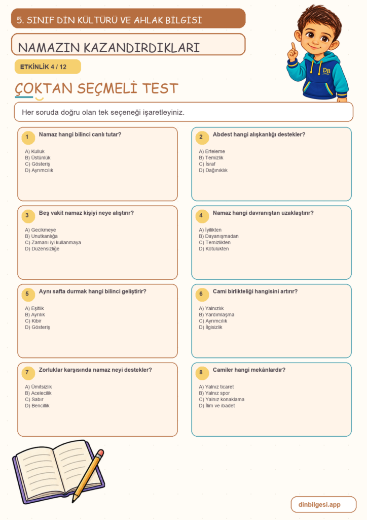 5. Sınıf Din Kültürü ve Ahlak Bilgisi – 2. Ünite Namaz – 3. Konu Namaz İbadetinin İnsana Kazandırdıkları Konu Özeti ve Etkinlik 4