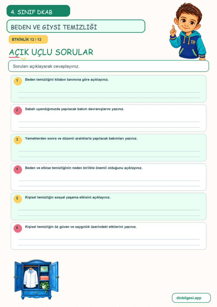 4. Sınıf Din Kültürü – 5. Ünite Din ve Temizlik – 2. Konu Bedenimi ve Giysilerimi Temiz Tutarım Konu Özeti ve Etkinlik 12