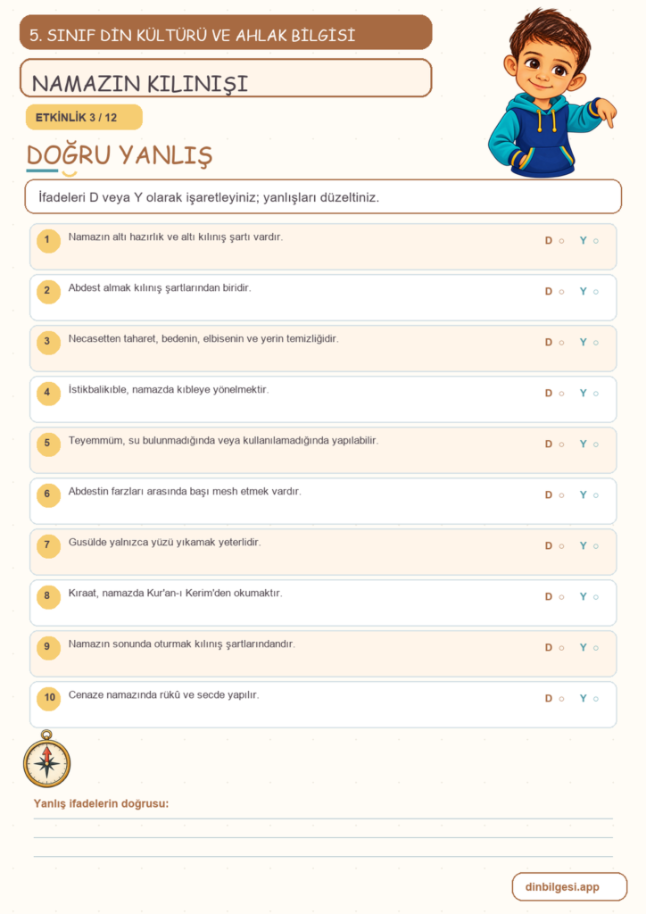 5. Sınıf Din Kültürü ve Ahlak Bilgisi – 2. Ünite Namaz – 2. Konu Namazın Kılınışı Konu Özeti ve Etkinlik 3