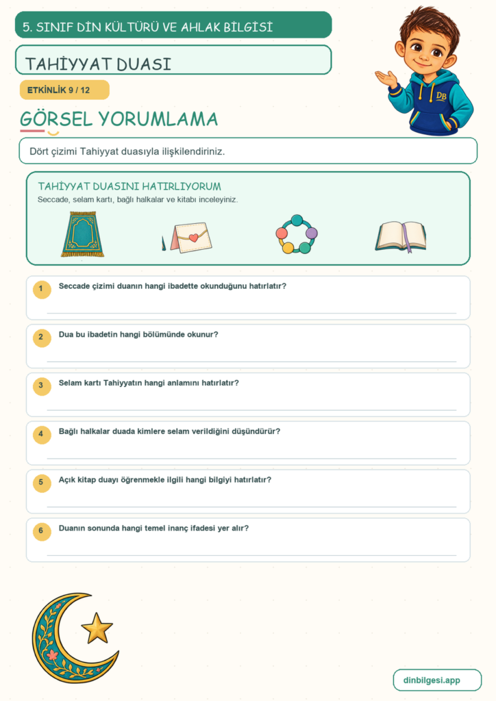 5. Sınıf Din Kültürü ve Ahlak Bilgisi – 2. Ünite Namaz – 4. Konu Bir Dua Öğreniyorum: Tahiyyat Duası Konu Özeti ve Etkinlik 9