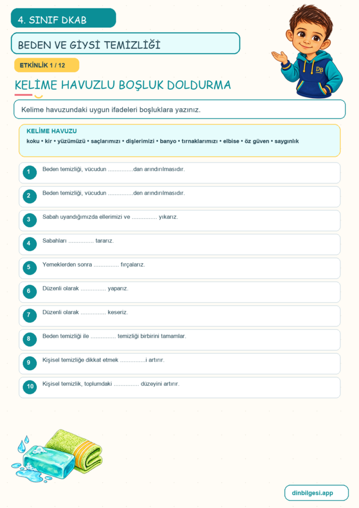 4. Sınıf Din Kültürü – 5. Ünite Din ve Temizlik – 2. Konu Bedenimi ve Giysilerimi Temiz Tutarım Konu Özeti ve Etkinlik 1