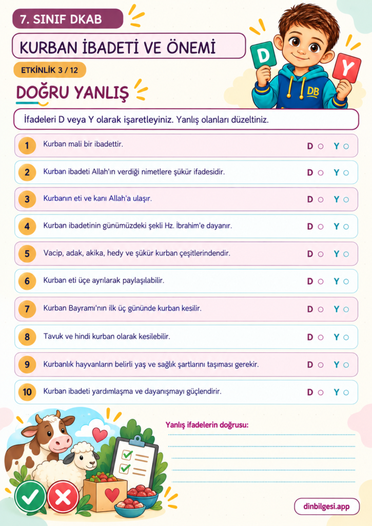 Kurban İbadeti ve Önemi – Doğru Yanlış Çalışma Kağıdı – 7. Sınıf DKAB