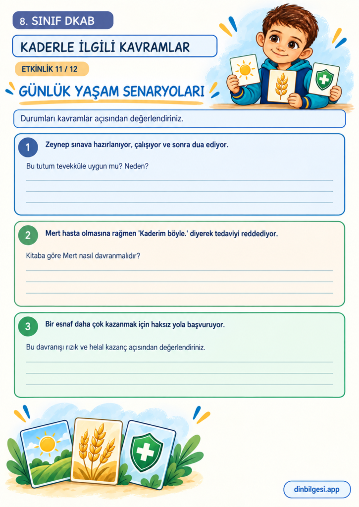 8. Sınıf Din Kültürü – 1. Ünite Kader İnancı – 3. Konu Kaderle İlgili Kavramlar – Etkinlik 11: Günlük Yaşam Senaryoları