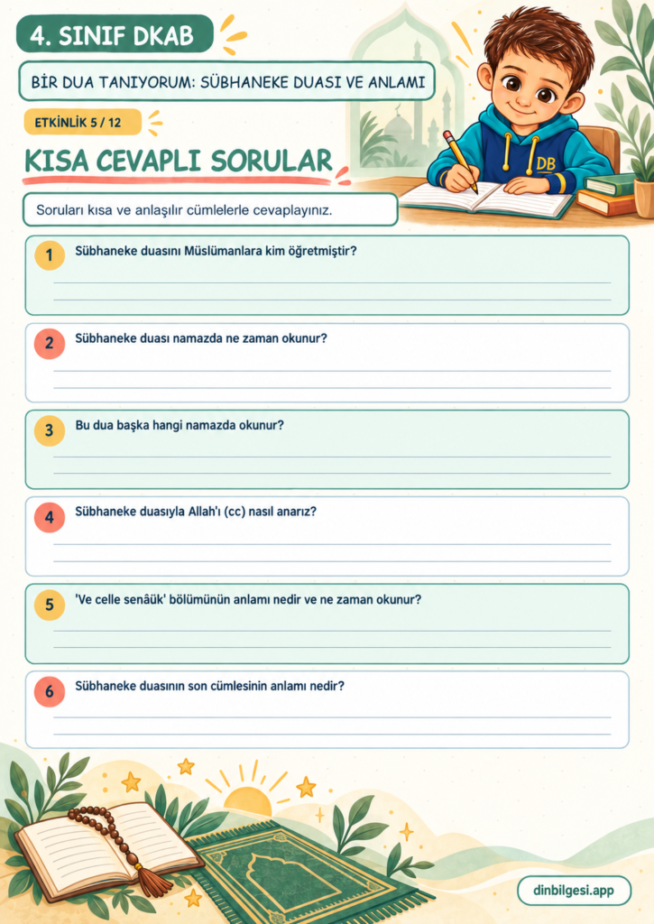 Bir Dua Tanıyorum: Sübhaneke Duası ve Anlamı – Kısa Cevaplı Sorular Çalışma Kağıdı – 4. Sınıf DKAB