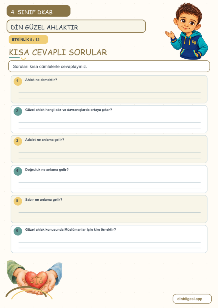 4. Sınıf Din Kültürü – 3. Ünite Güzel Ahlak – 1. Konu Din Güzel Ahlaktır Konu Özeti ve Etkinlik 5