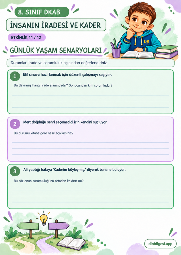 8. Sınıf Din Kültürü – 1. Ünite Kader İnancı – 2. Konu İnsanın İradesi ve Kader – Etkinlik 11: Günlük Yaşam Senaryoları