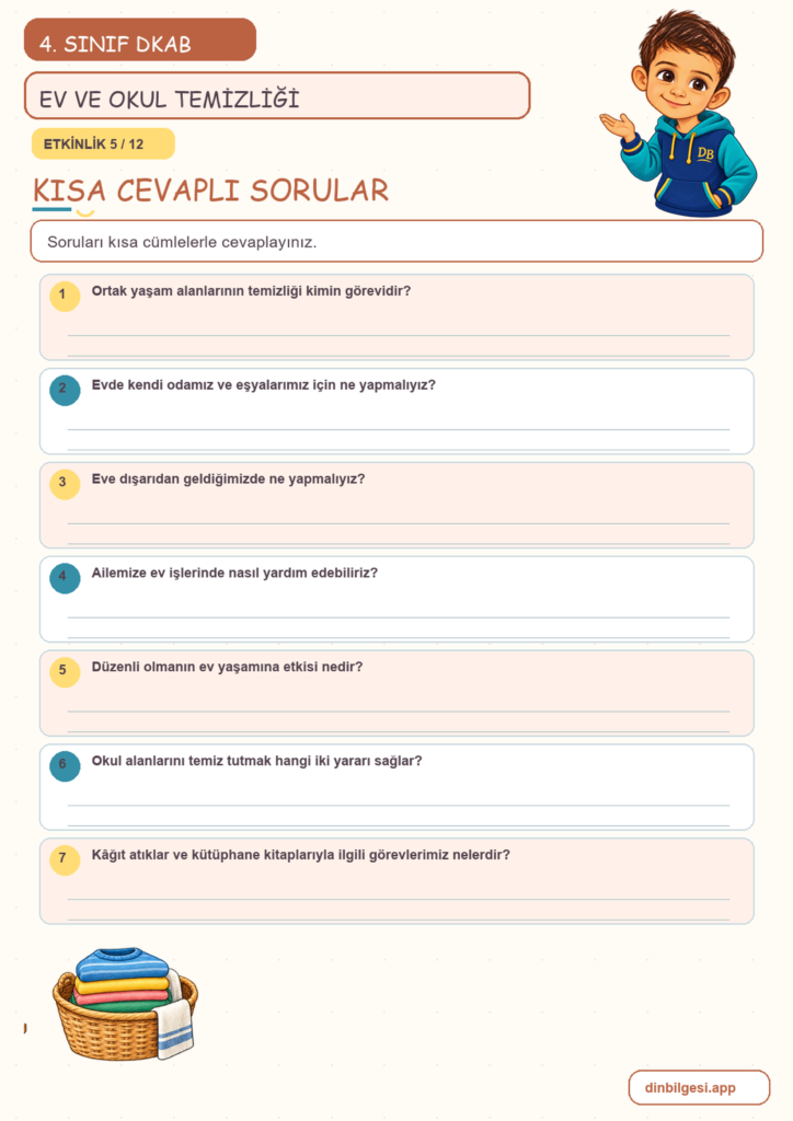 4. Sınıf Din Kültürü – 5. Ünite Din ve Temizlik – 3. Konu Evimi ve Okulumu Temiz Tutarım Konu Özeti ve Etkinlik 5
