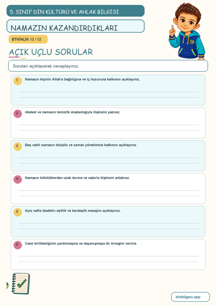 5. Sınıf Din Kültürü ve Ahlak Bilgisi – 2. Ünite Namaz – 3. Konu Namaz İbadetinin İnsana Kazandırdıkları Konu Özeti ve Etkinlik 12