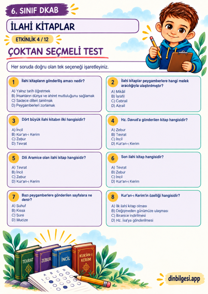 İlahi Kitaplar – Çoktan Seçmeli Test Çalışma Kağıdı – 6. Sınıf DKAB
