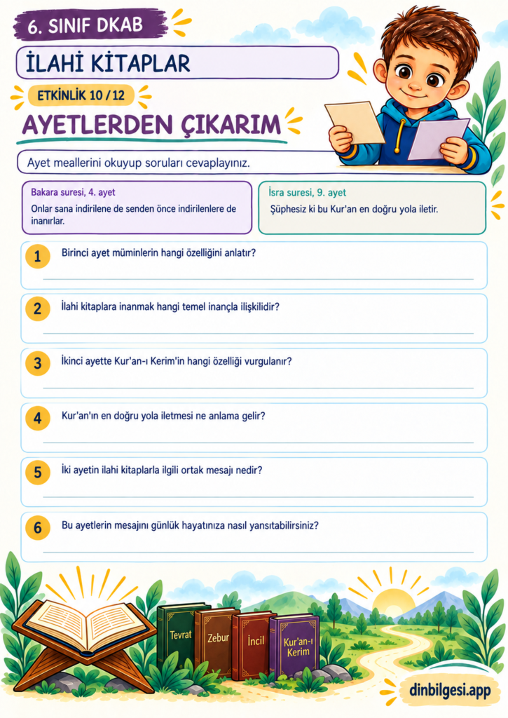 İlahi Kitaplar – Ayetlerden Çıkarım Çalışma Kağıdı – 6. Sınıf DKAB