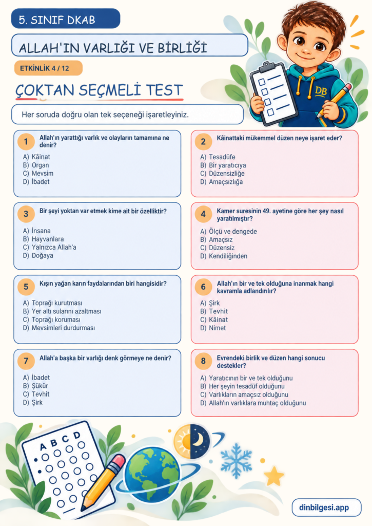 Allah’ın Varlığı ve Birliği – Çoktan Seçmeli Test Çalışma Kağıdı – 5. Sınıf DKAB