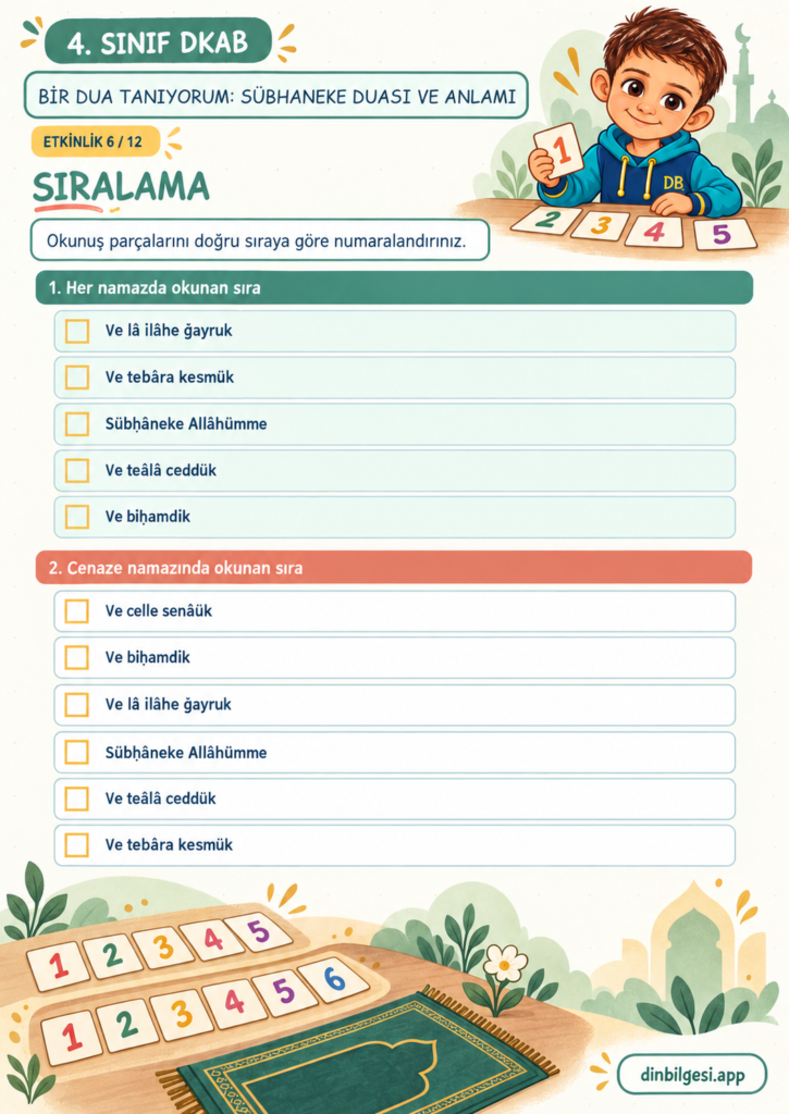 Bir Dua Tanıyorum: Sübhaneke Duası ve Anlamı – Sıralama Çalışma Kağıdı – 4. Sınıf DKAB