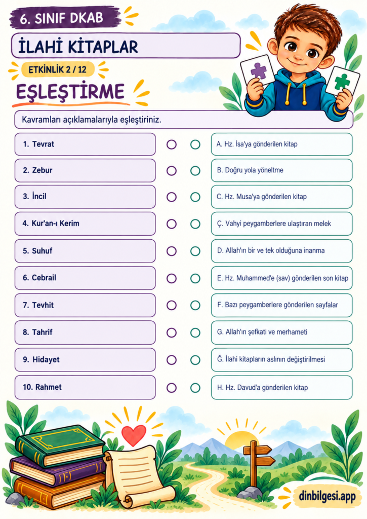 İlahi Kitaplar – Eşleştirme Çalışma Kağıdı – 6. Sınıf DKAB
