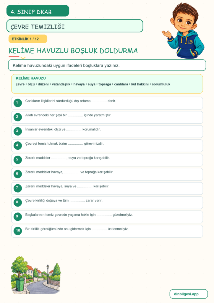 4. Sınıf Din Kültürü – 5. Ünite Din ve Temizlik – 4. Konu Çevremi Temiz Tutarım Konu Özeti ve Etkinlik 1
