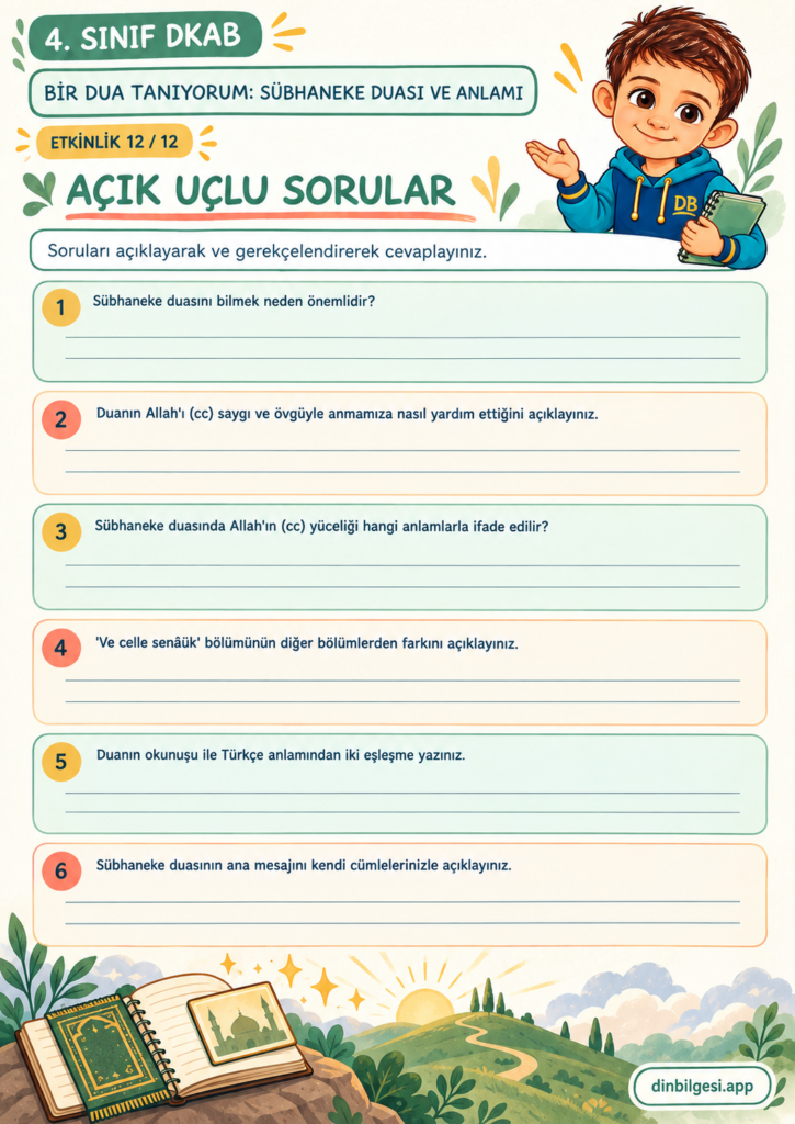 Bir Dua Tanıyorum: Sübhaneke Duası ve Anlamı – Açık Uçlu Sorular Çalışma Kağıdı – 4. Sınıf DKAB