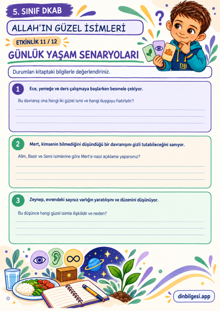 Allah’ın Güzel İsimleri – Günlük Yaşam Senaryoları Çalışma Kağıdı – 5. Sınıf DKAB