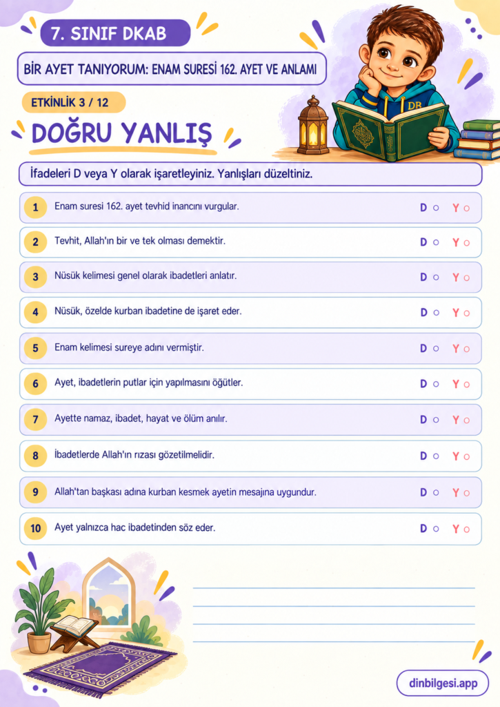 7. Sınıf Din Kültürü – 2. Ünite Hac ve Kurban – 6. Konu Bir Ayet Tanıyorum: Enam Suresi 162. Ayet ve Anlamı – Etkinlik 03: Doğru Yanlış