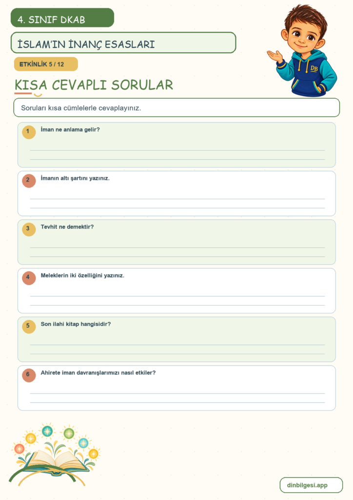 4. Sınıf Din Kültürü – 2. Ünite İslam’ı Tanıyalım – 1. Konu İslam’ın İnanç Esasları Konu Özeti ve Etkinlik 5