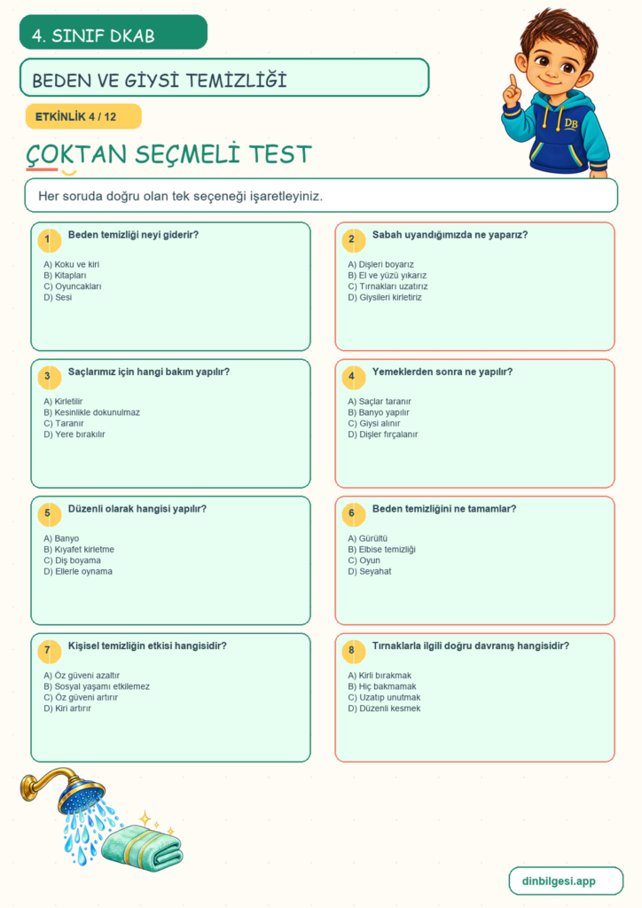4. Sınıf Din Kültürü – 5. Ünite Din ve Temizlik – 2. Konu Bedenimi ve Giysilerimi Temiz Tutarım Konu Özeti ve Etkinlik 4