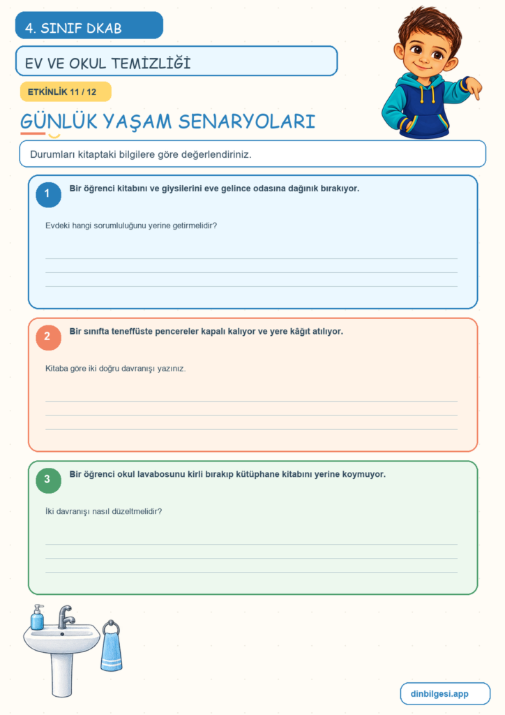 4. Sınıf Din Kültürü – 5. Ünite Din ve Temizlik – 3. Konu Evimi ve Okulumu Temiz Tutarım Konu Özeti ve Etkinlik 11