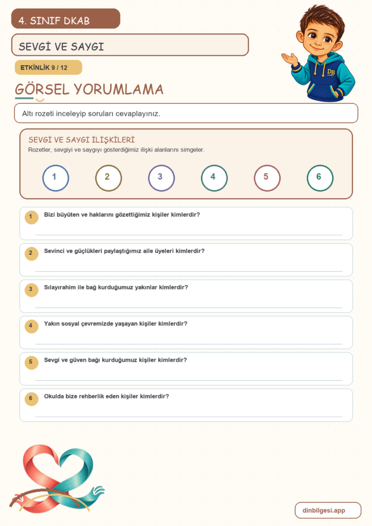 4. Sınıf Din Kültürü – 3. Ünite Güzel Ahlak – 2. Konu İnsani İlişkilerin Temeli: Sevgi ve Saygı Konu Özeti ve Etkinlik 9