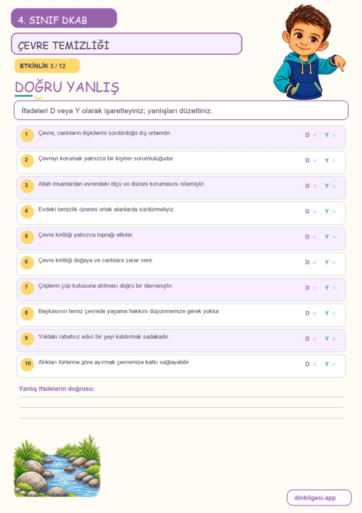 4. Sınıf Din Kültürü – 5. Ünite Din ve Temizlik – 4. Konu Çevremi Temiz Tutarım Konu Özeti ve Etkinlik 3