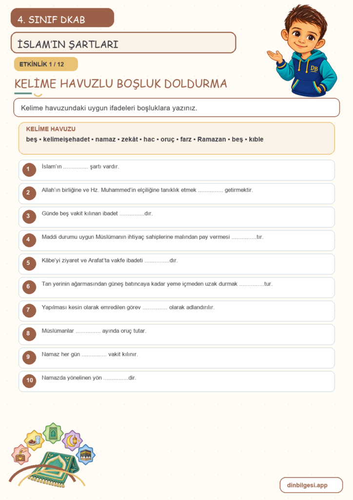 4. Sınıf Din Kültürü – 2. Ünite İslam’ı Tanıyalım – 2. Konu İslam’ın Şartları Konu Özeti ve Etkinlik 1