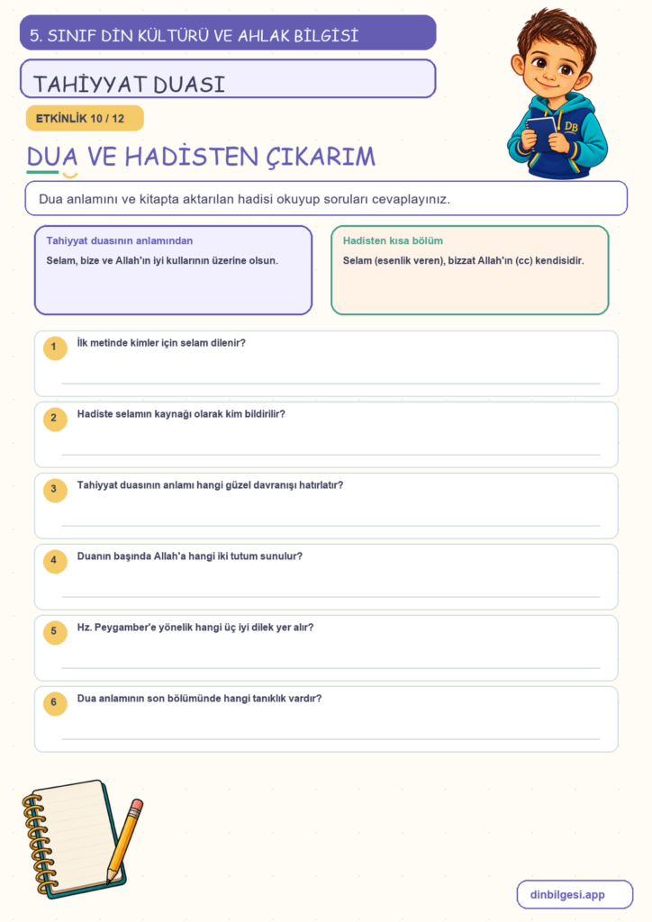 5. Sınıf Din Kültürü ve Ahlak Bilgisi – 2. Ünite Namaz – 4. Konu Bir Dua Öğreniyorum: Tahiyyat Duası Konu Özeti ve Etkinlik 10