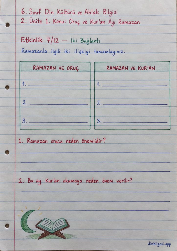 6. Sınıf Din Kültürü ve Ahlak Bilgisi – 2. Ünite Ramazan ve Oruç – 1. Konu Oruç ve Kur’an Ayı Ramazan Konu Özeti ve Etkinlik 7: İki Bağlantı