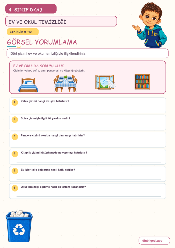 4. Sınıf Din Kültürü – 5. Ünite Din ve Temizlik – 3. Konu Evimi ve Okulumu Temiz Tutarım Konu Özeti ve Etkinlik 9