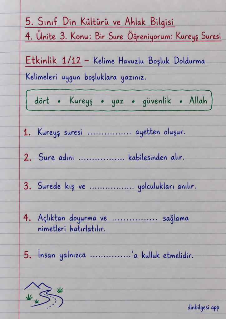 5. Sınıf Din Kültürü ve Ahlak Bilgisi – 4. Ünite Peygamber Kıssaları – 3. Konu Bir Sure Öğreniyorum: Kureyş Suresi – Etkinlik 1: Kelime Havuzlu Boşluk Doldurma