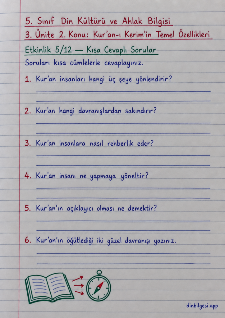 5. Sınıf Din Kültürü ve Ahlak Bilgisi – 3. Ünite Kur’an-ı Kerim – 2. Konu Kur’an-ı Kerim’in Temel Özellikleri – Etkinlik 5: Kısa Cevaplı Sorular