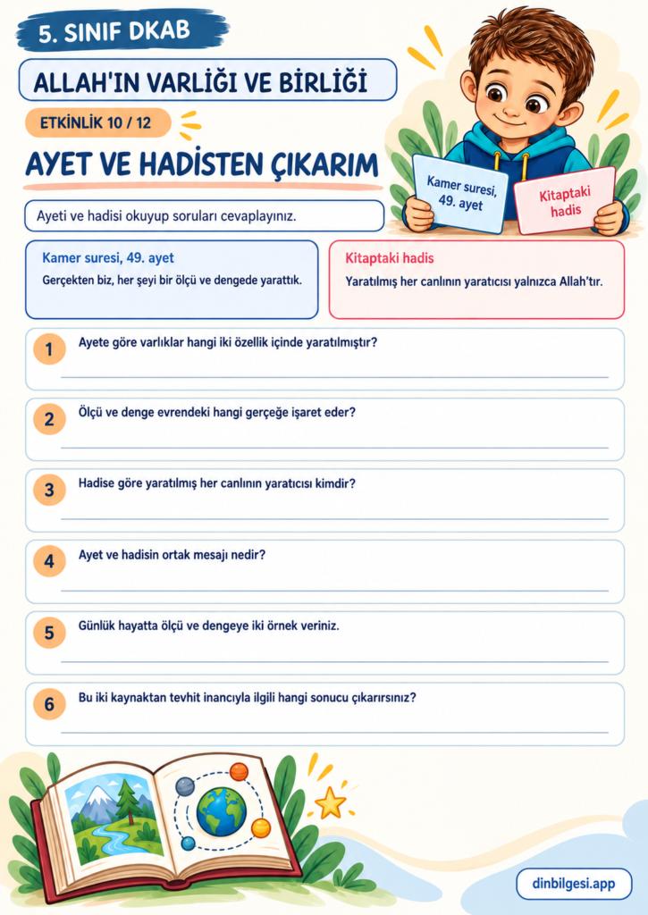 Allah’ın Varlığı ve Birliği – Ayet ve Hadisten Çıkarım Çalışma Kağıdı – 5. Sınıf DKAB