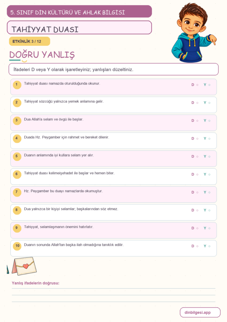 5. Sınıf Din Kültürü ve Ahlak Bilgisi – 2. Ünite Namaz – 4. Konu Bir Dua Öğreniyorum: Tahiyyat Duası Konu Özeti ve Etkinlik 3