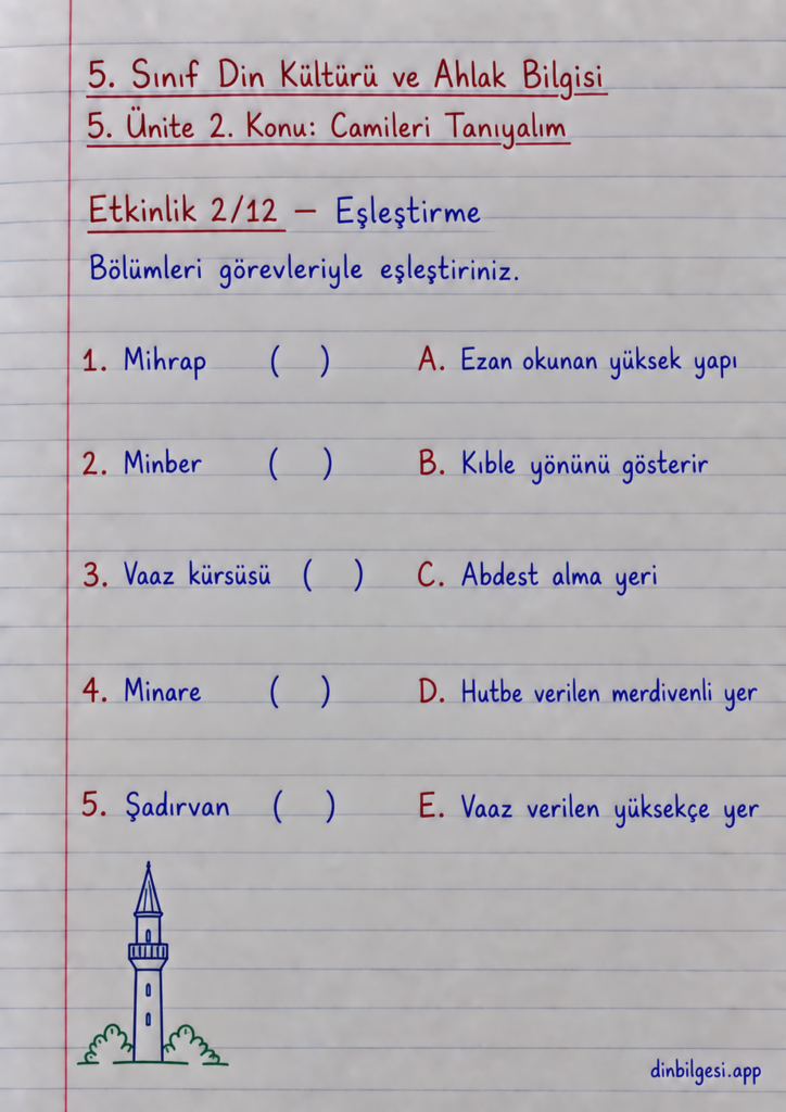 5. Sınıf Din Kültürü ve Ahlak Bilgisi – 5. Ünite Mimarimizde Dinî Motifler – 2. Konu Camileri Tanıyalım – Etkinlik 2: Eşleştirme