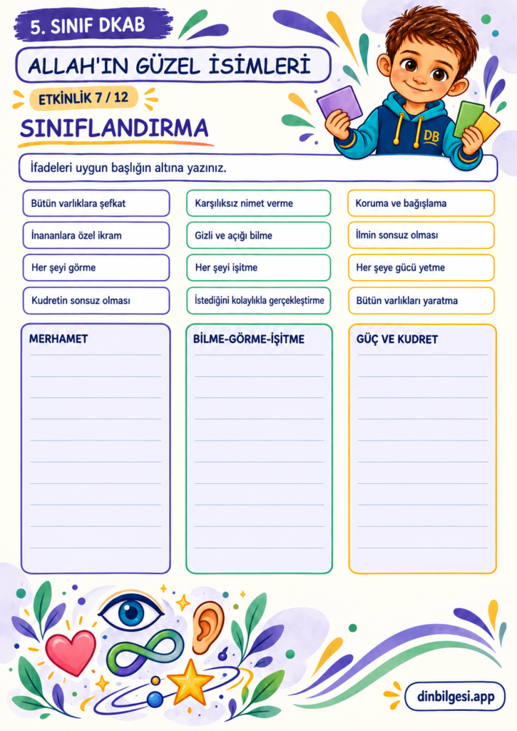 Allah’ın Güzel İsimleri – Sınıflandırma Çalışma Kağıdı – 5. Sınıf DKAB