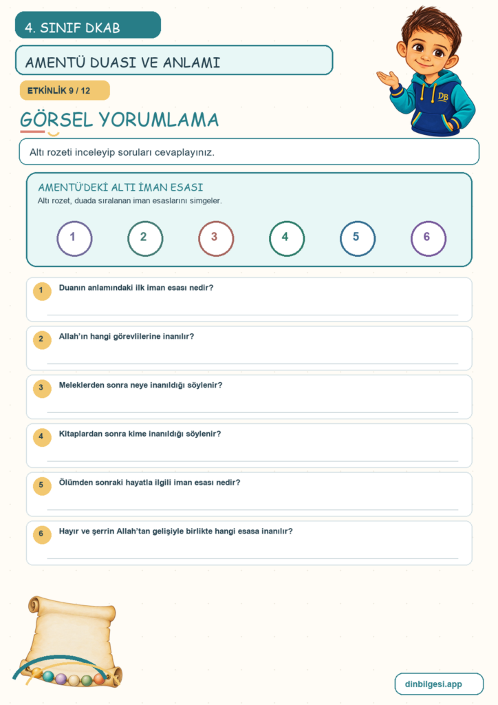 4. Sınıf Din Kültürü – 2. Ünite İslam’ı Tanıyalım – 4. Konu Bir Dua Tanıyorum: Amentü Duası ve Anlamı Konu Özeti ve Etkinlik 9