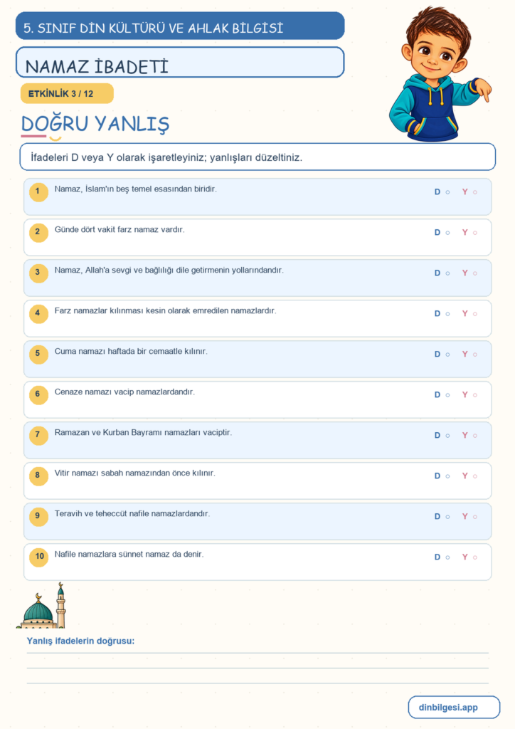 5. Sınıf Din Kültürü ve Ahlak Bilgisi – 2. Ünite Namaz – 1. Konu Allah’ın Huzurunda Olmak: Namaz İbadeti Konu Özeti ve Etkinlik 3