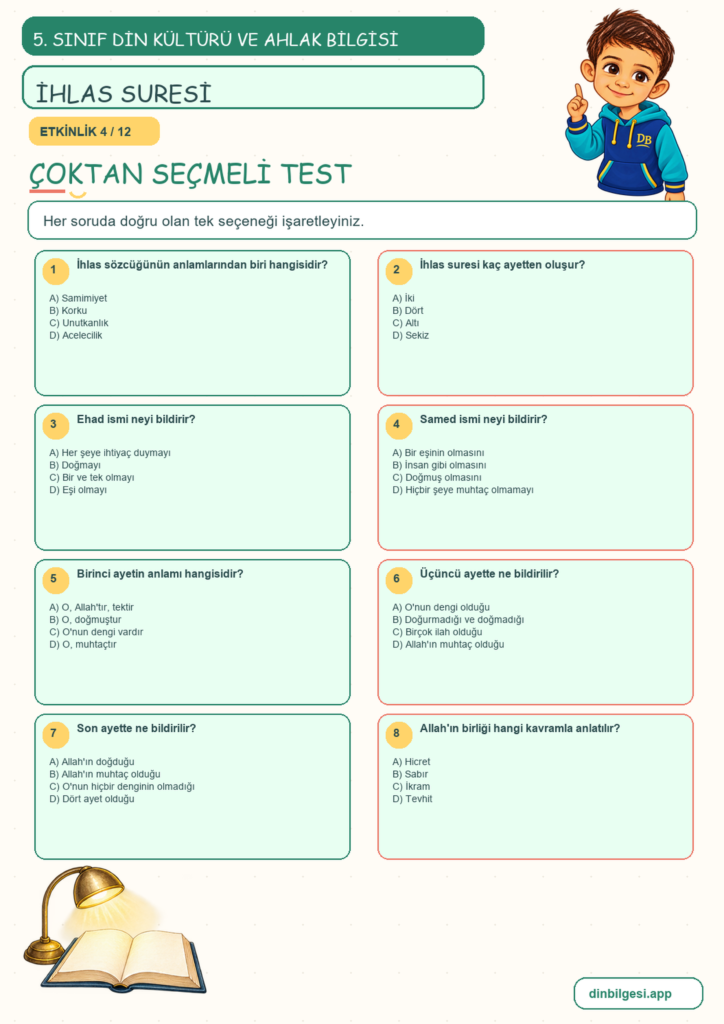 5. Sınıf Din Kültürü ve Ahlak Bilgisi – 1. Ünite Allah İnancı – 4. Konu Bir Sure Öğreniyorum: İhlas Suresi Konu Özeti ve Etkinlik 4
