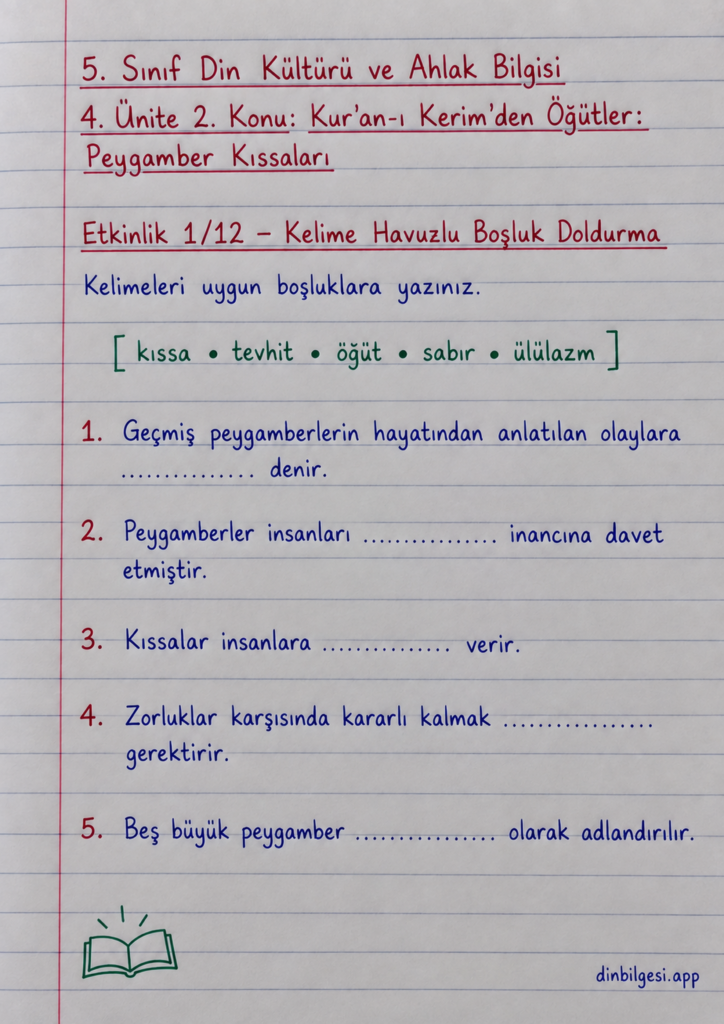 5. Sınıf Din Kültürü ve Ahlak Bilgisi – 4. Ünite Peygamber Kıssaları – 2. Konu Kur’an-ı Kerim’den Öğütler: Peygamber Kıssaları – Etkinlik 1: Kelime Havuzlu Boşluk Doldurma