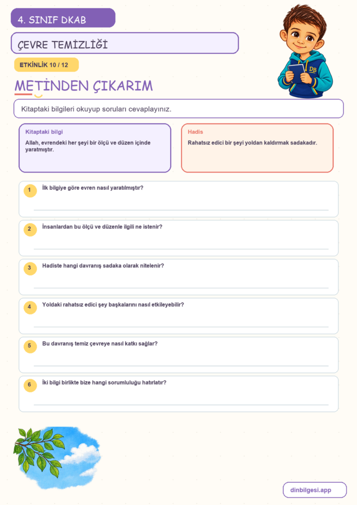 4. Sınıf Din Kültürü – 5. Ünite Din ve Temizlik – 4. Konu Çevremi Temiz Tutarım Konu Özeti ve Etkinlik 10