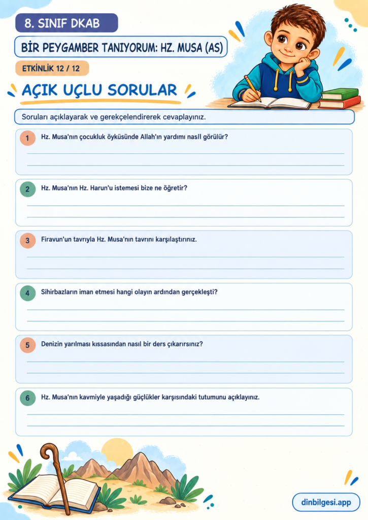 8. Sınıf Din Kültürü – 1. Ünite Kader İnancı – 4. Konu Bir Peygamber Tanıyorum: Hz. Musa (as) – Etkinlik 12: Açık Uçlu Sorular