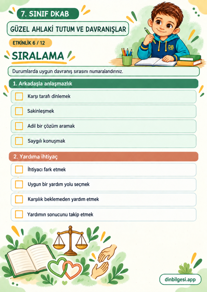 7. Sınıf Din Kültürü – 3. Ünite Ahlaki Davranışlar – 1. Konu Güzel Ahlaki Tutum ve Davranışlar – Etkinlik 06: Sıralama