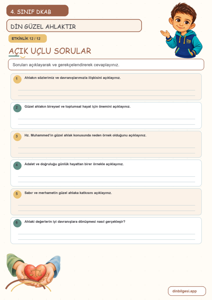4. Sınıf Din Kültürü – 3. Ünite Güzel Ahlak – 1. Konu Din Güzel Ahlaktır Konu Özeti ve Etkinlik 12