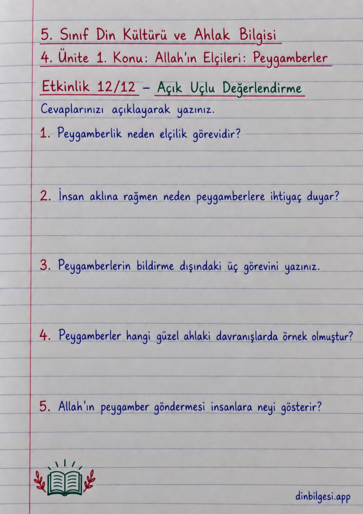 5. Sınıf Din Kültürü ve Ahlak Bilgisi – 4. Ünite Peygamber Kıssaları – 1. Konu Allah’ın Elçileri: Peygamberler – Etkinlik 12: Açık Uçlu Değerlendirme