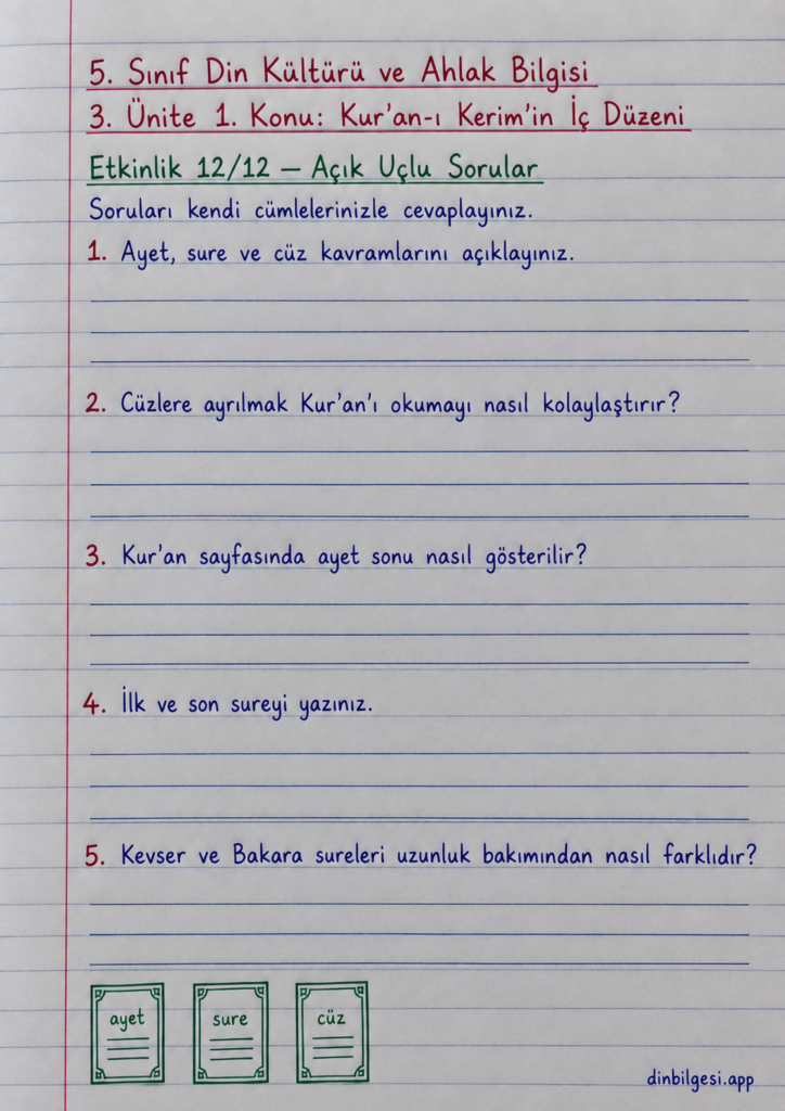 5. Sınıf Din Kültürü ve Ahlak Bilgisi – 3. Ünite Kur’an-ı Kerim – 1. Konu Kur’an-ı Kerim’in İç Düzeni – Etkinlik 12: Açık Uçlu Sorular