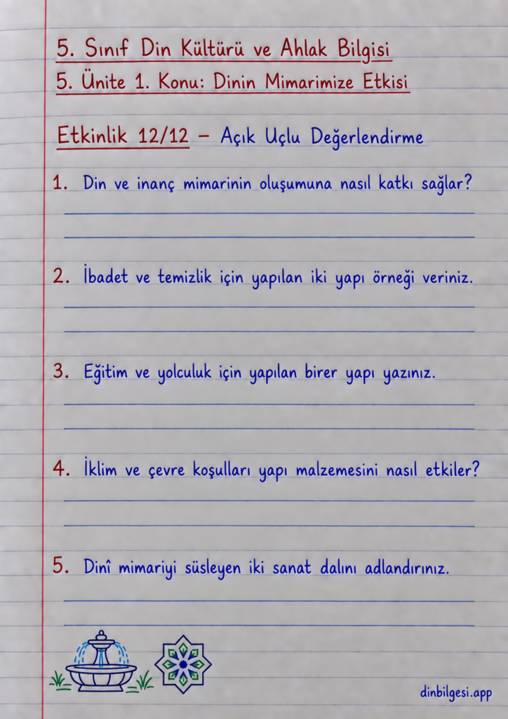 5. Sınıf Din Kültürü ve Ahlak Bilgisi – 5. Ünite Mimarimizde Dinî Motifler – 1. Konu Dinin Mimarimize Etkisi – Etkinlik 12: Açık Uçlu Değerlendirme