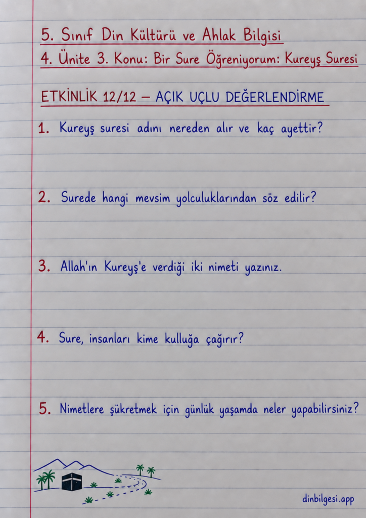 5. Sınıf Din Kültürü ve Ahlak Bilgisi – 4. Ünite Peygamber Kıssaları – 3. Konu Bir Sure Öğreniyorum: Kureyş Suresi – Etkinlik 12: Açık Uçlu Değerlendirme